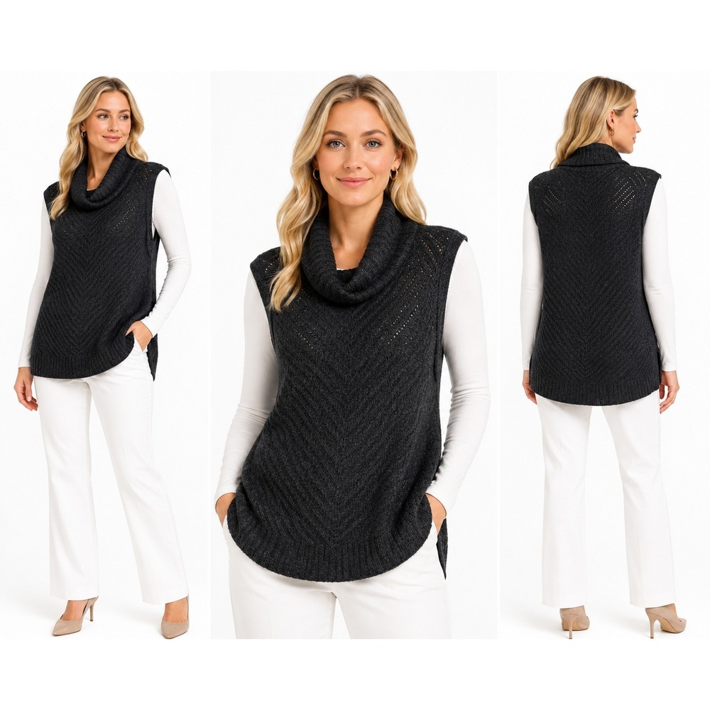 Neiman Marcus Sweater Vest XL Cashmere Quiet Luxury Cowl Neck Chevron Knit